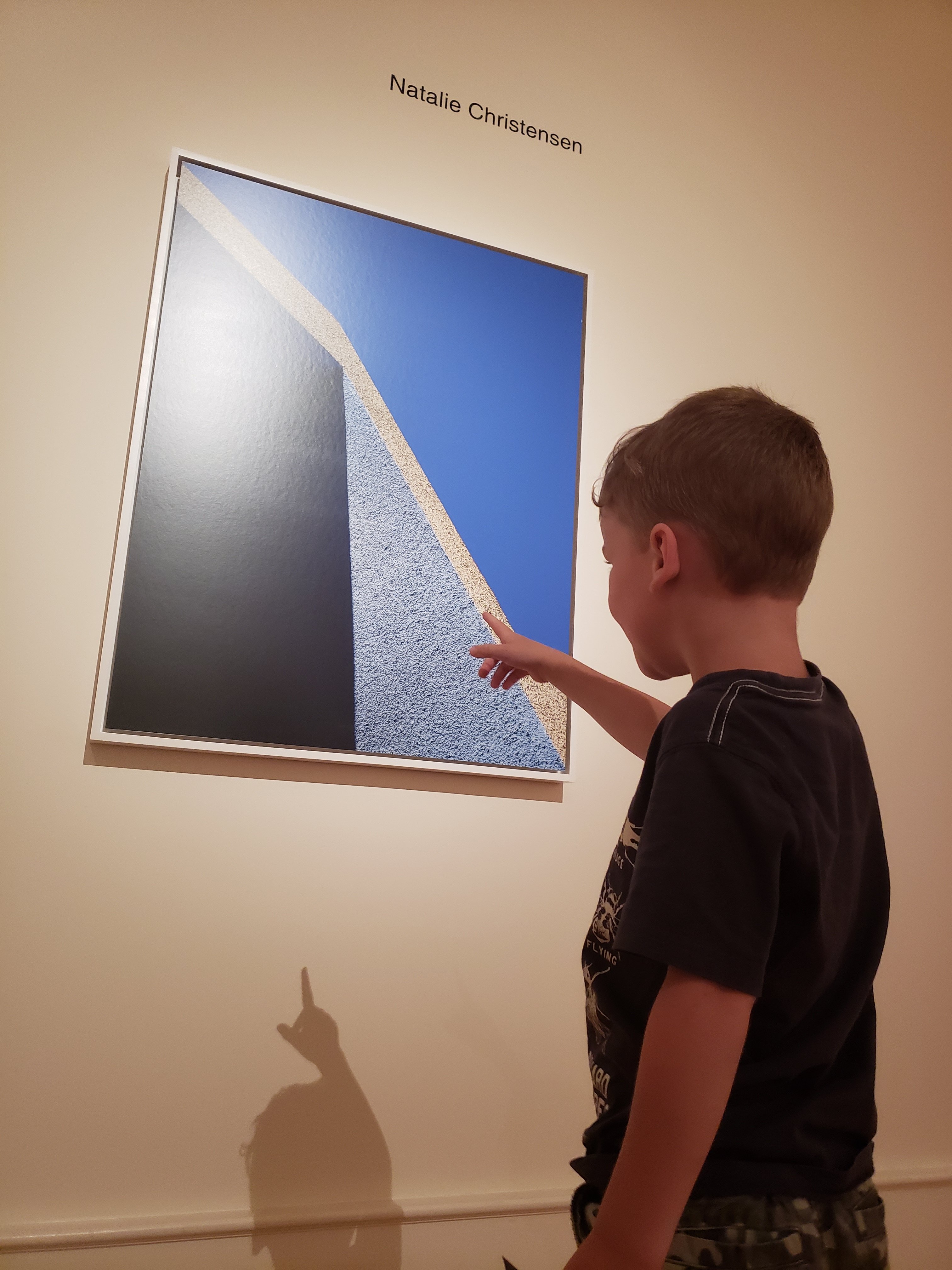 a boy pointing a print hanging on the wall