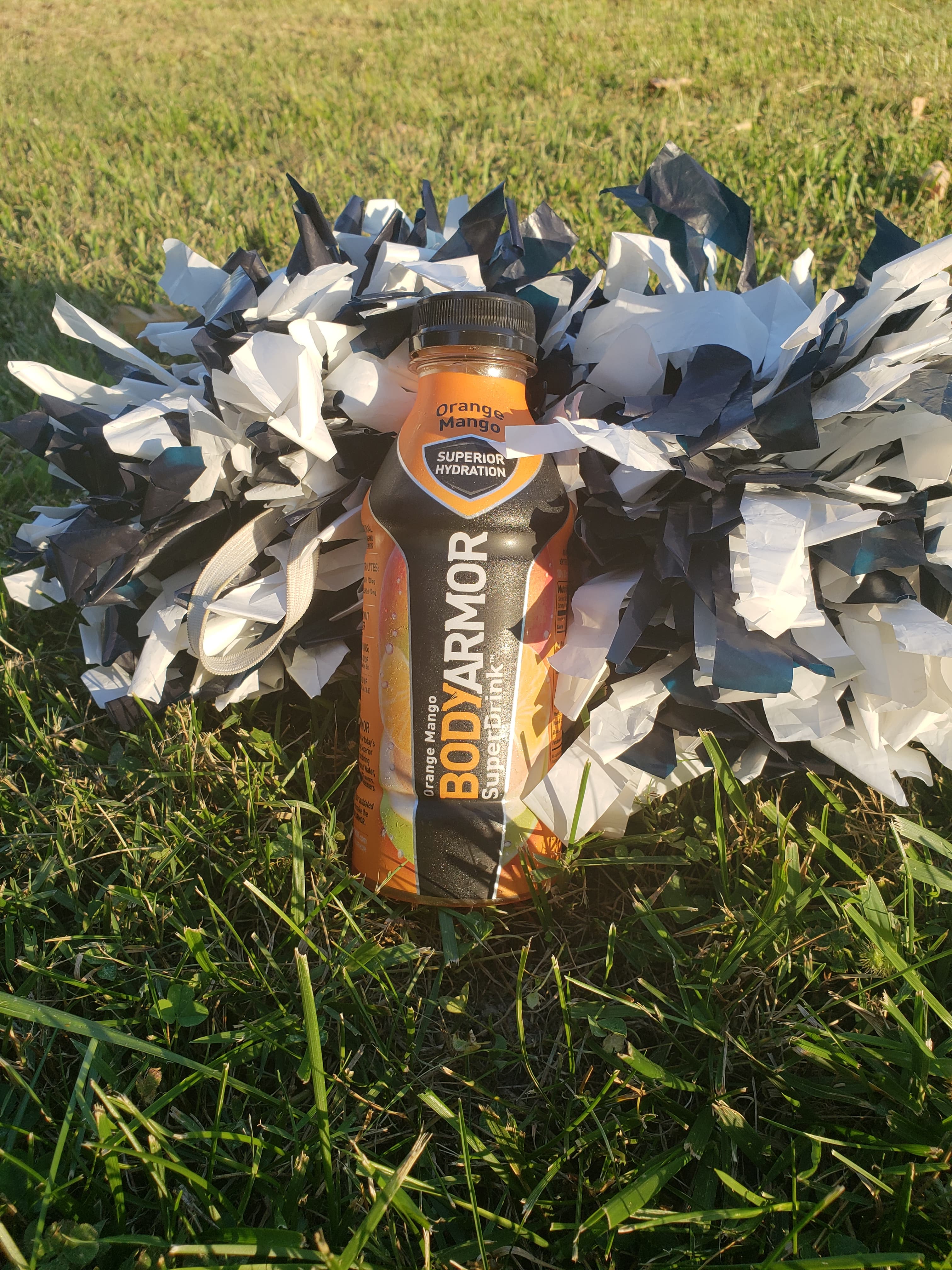 BodyAmror Super Drink leaning against a pompom in the grass