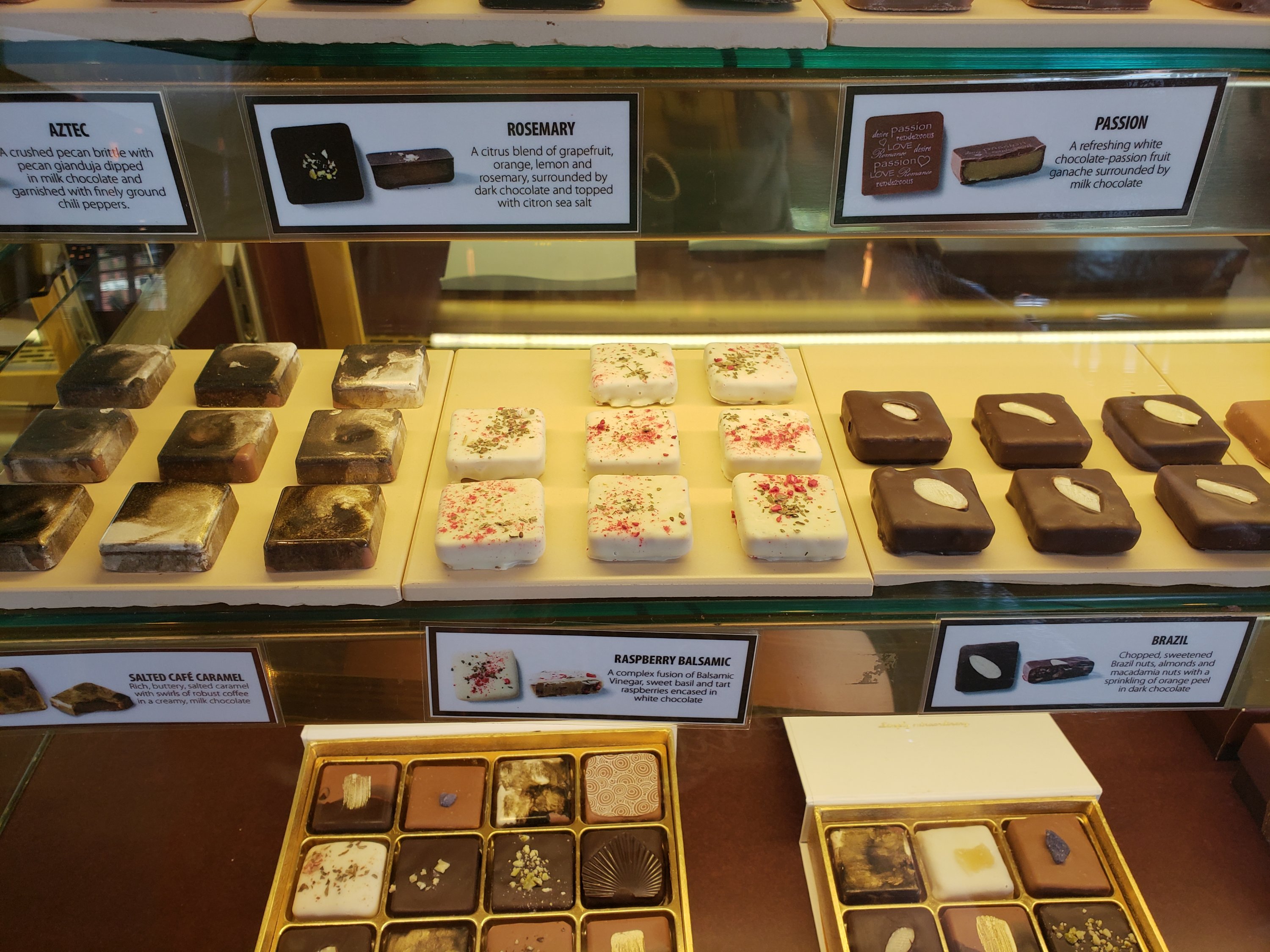 display of chocolates at Debrand’s Fine Chocolates