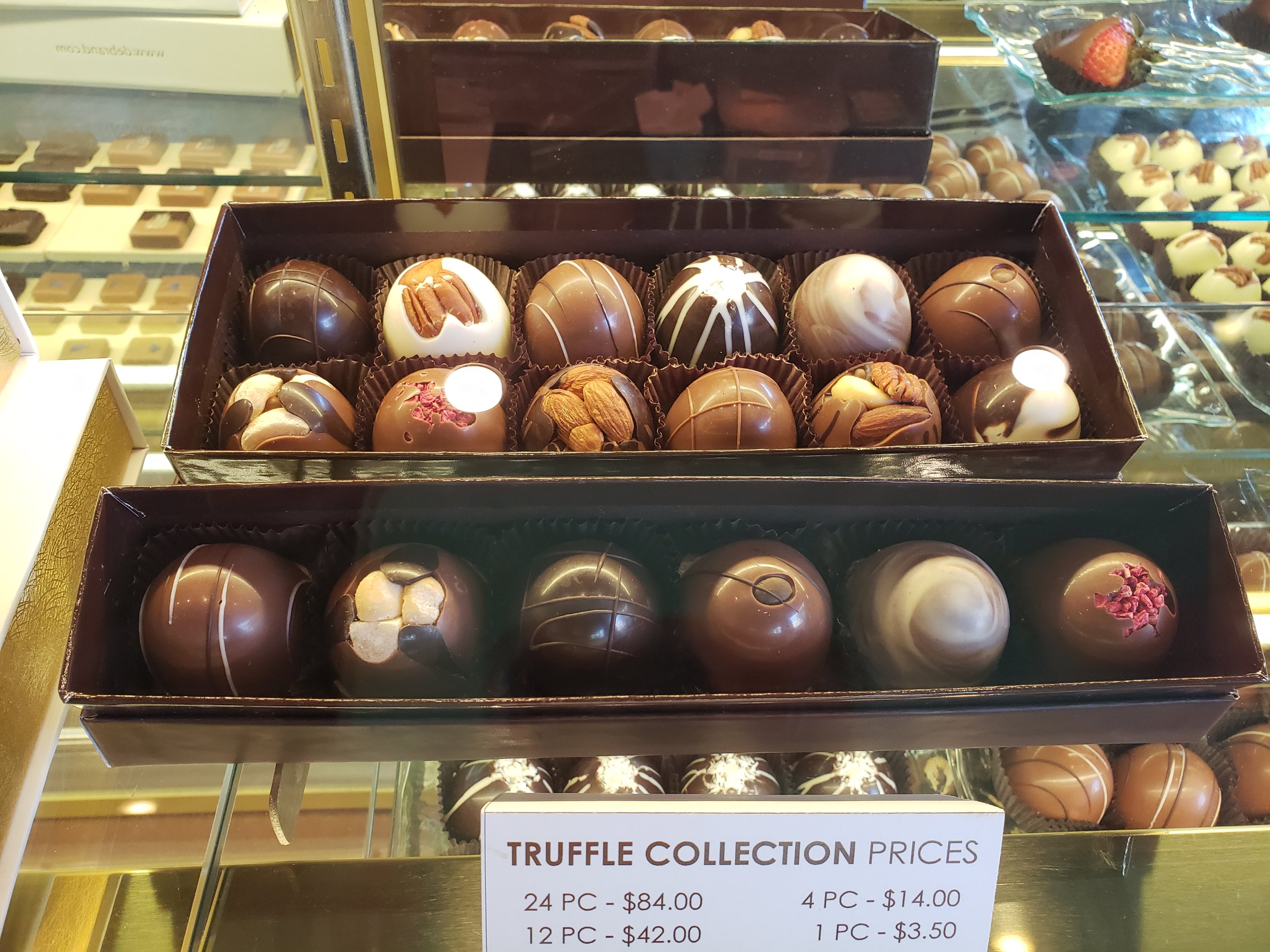 display of chocolates at Debrand’s Fine Chocolates