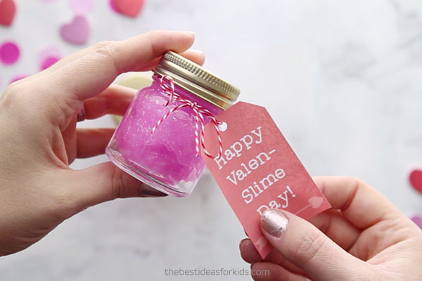 Small jar of slime with a Happy Valen-Slime Day tag on it