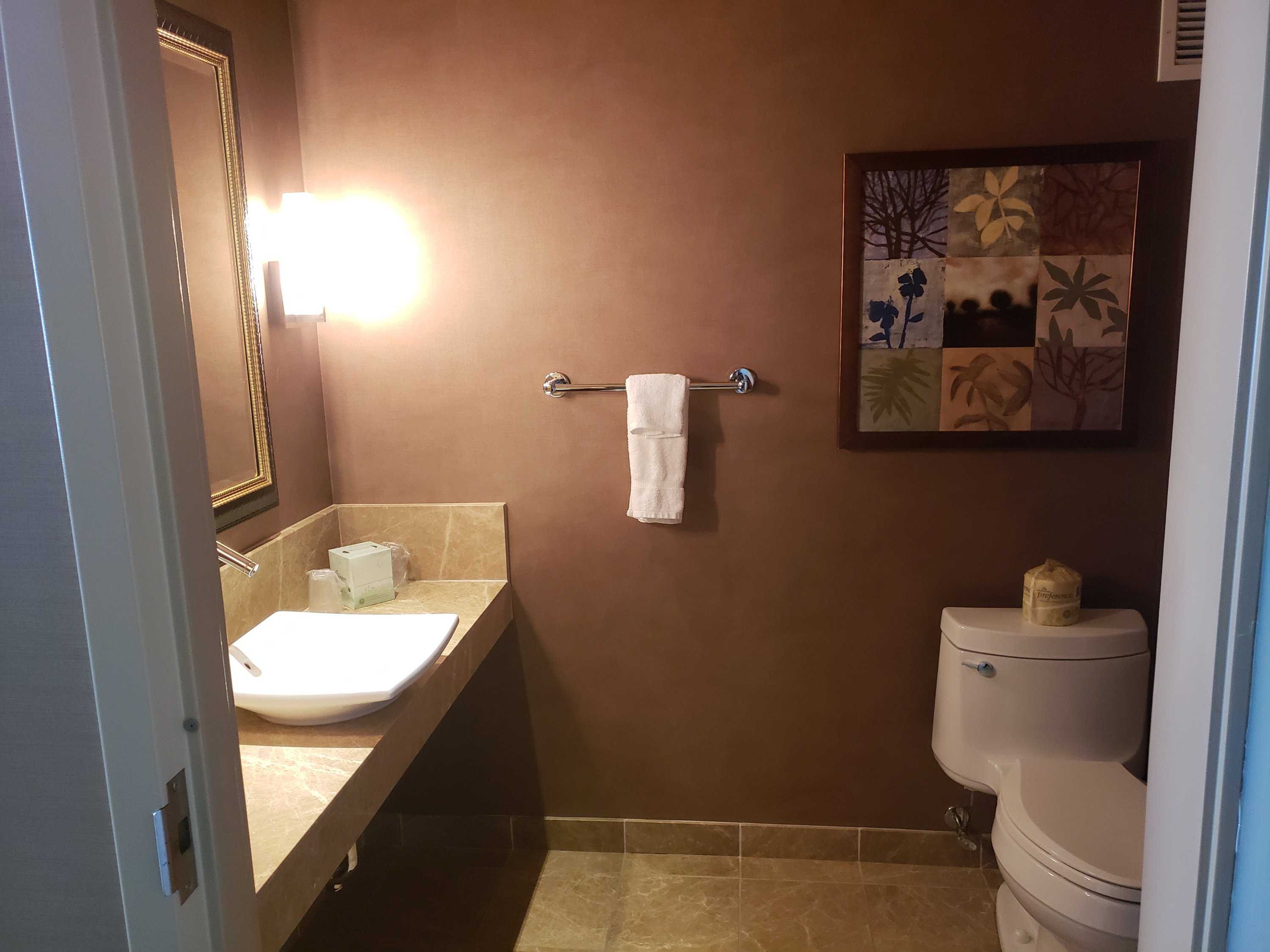 view of second bathroom, toilet and counter with single sink in suite at the Bettendorf Iowa Hotel 