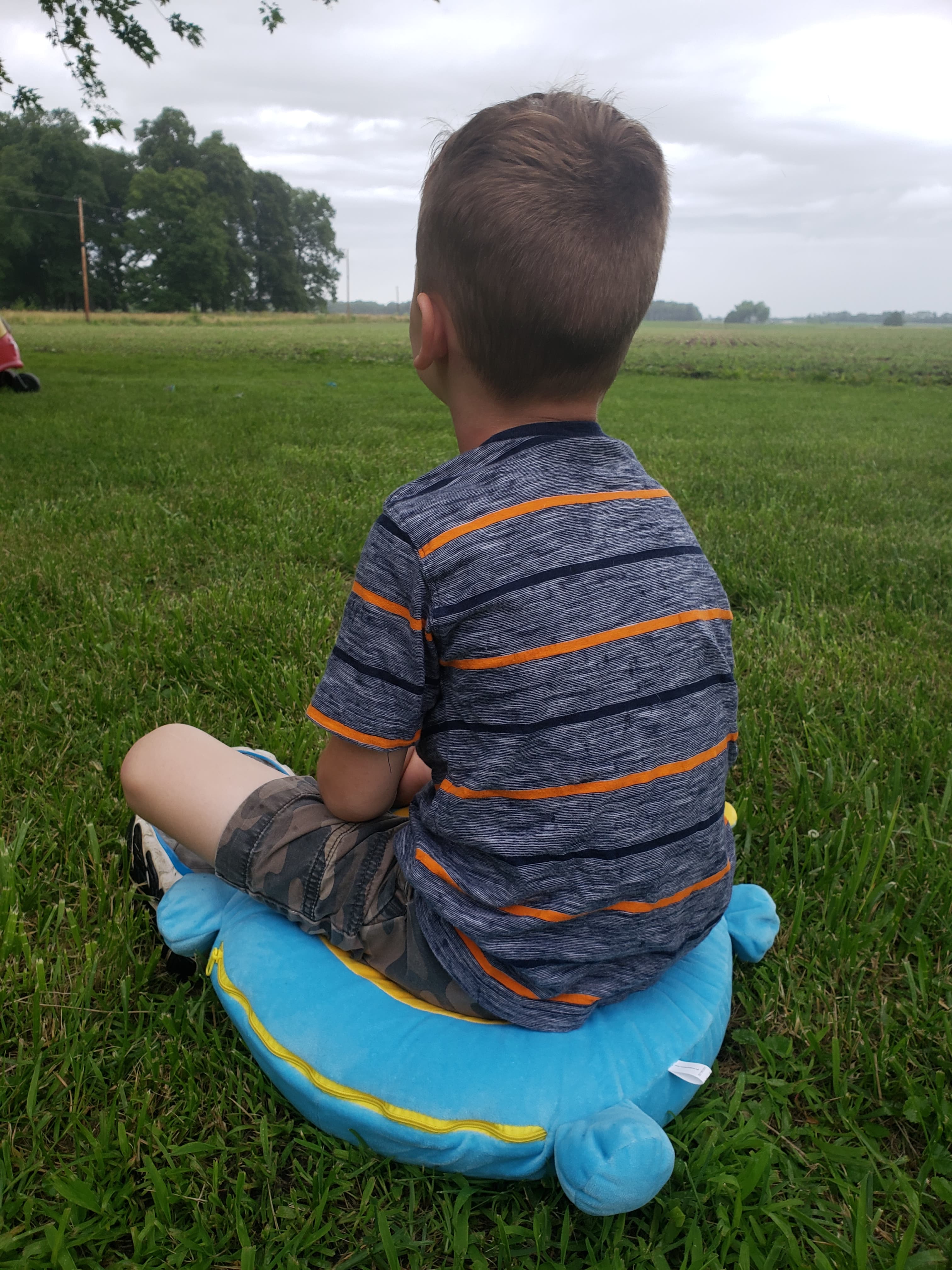 young boy sitting on a large stuffed toy in the grass