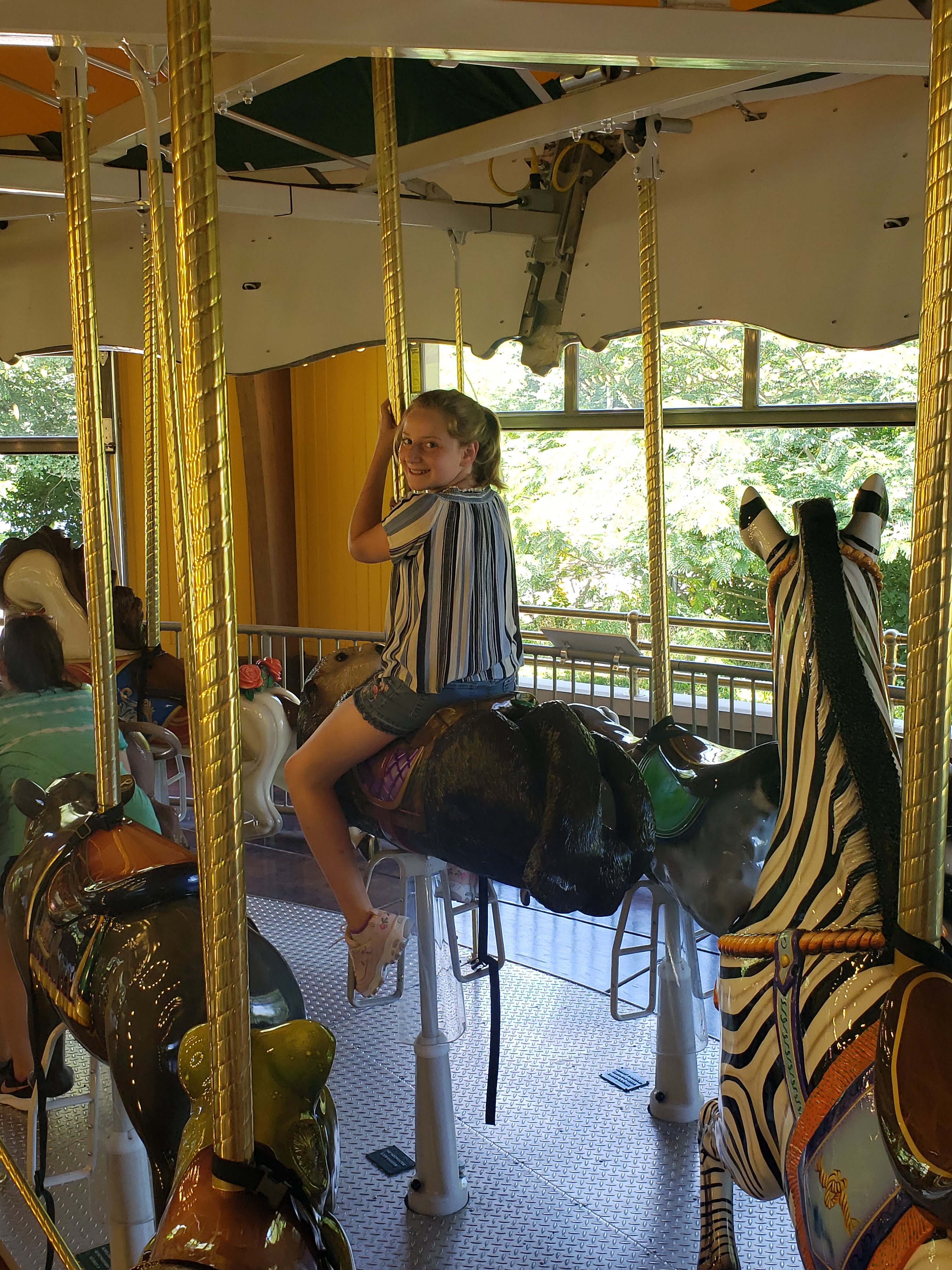 girl with a camera around her neck  on a carousal ride