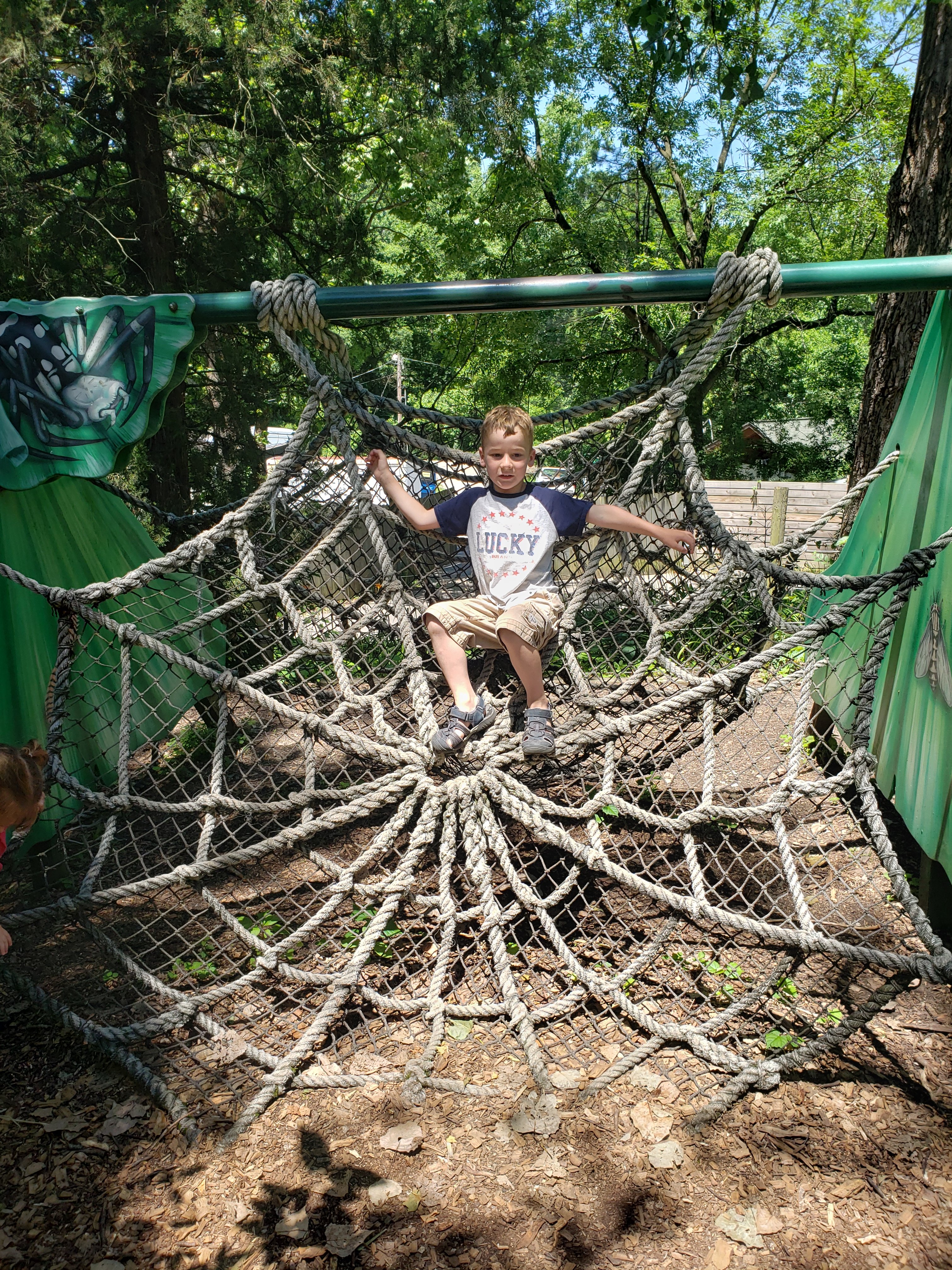 boy on a piece of playground equipment that looks like a giant spider web